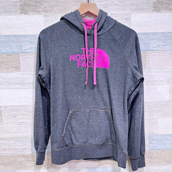 The North FacePullover Logo Hoodie Sweatshirt Gray Kangaroo Pocket Womens Medium - Picture 1 of 7